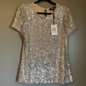 NWT DKNY Sz Small Silver Sequin Short Sleeve Bling Lined Blouse Top Ret $69!